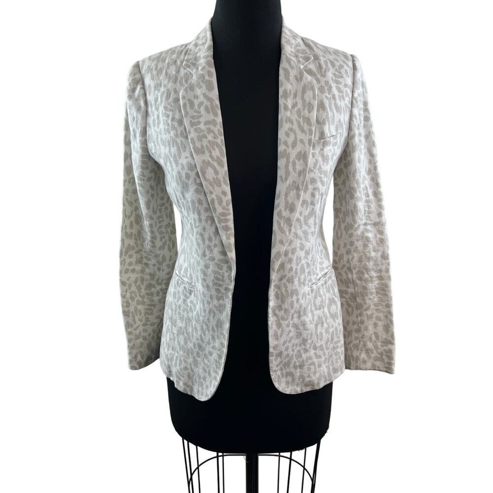 JOIE Gray Blazer Jacket Linen Leopard Notch Lapel Single Breasted Formal Size 0